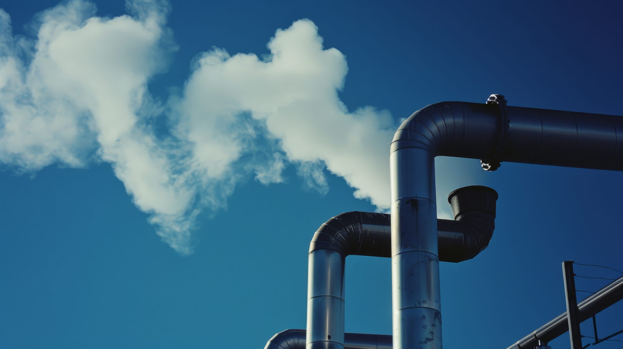 Industrial pipes emit white smoke under a strikingly clear blue sky, emphasizing environmental concerns amid an industrial backdrop