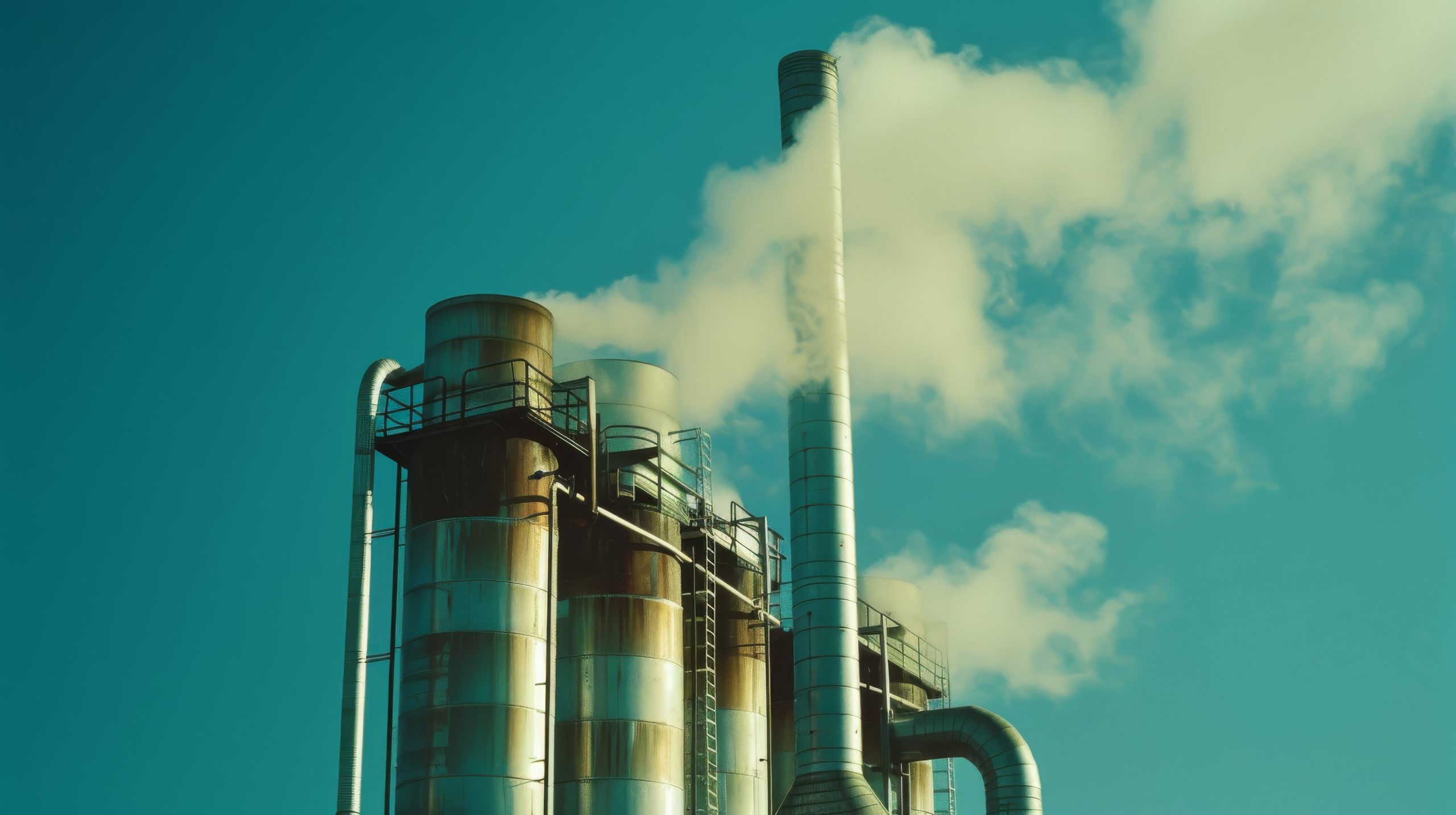 A towering industrial chimney expels white smoke against a vivid blue sky, symbolizing the intersection of industrial strength and environmental concern